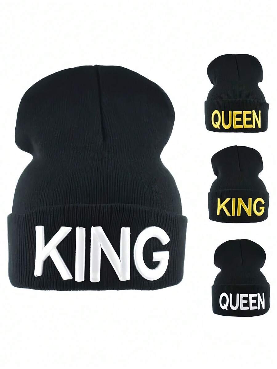绣有国王和王后图案的针织帽，男女皆宜的冬季针织帽，欧美情侣款卷边宽松帽，畅销保暖帽 - 黑色 - 查看 1