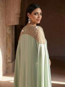 Eleganter weißer Langarm Kaftan Bademantel, verziert mit exquisiter Perlenbestickung, luxuriöser langer Abaya, würdevoll und angemessen, arabischer Stil Bademantel für Frauen im Frühling - Minzgrün - Übersicht 5
