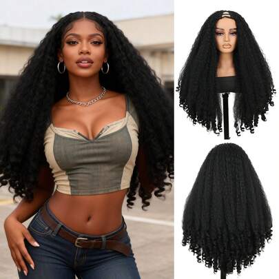 Afro Wig V Part Kinky Curly Wigs For Black Women, Wear And Go Glueless Wig With Unique Bouncy Curls In The End, Synthetic No Leave Out Clip In