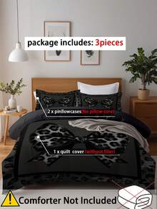 3件套豹纹蝴蝶结印花被套套装（1个被套+2个枕套，不含被芯），采用性感迷人的豹纹印花设计，柔软亲肤，舒缓视觉疲劳，四季皆宜，拉链封口，适用于酒店、卧室、客房和宿舍的床上用品装饰，低过敏性，易于打理，时尚轻盈，透气性好，低过敏性，易于护理，简约现代风格。 - 黑色 - 查看 5