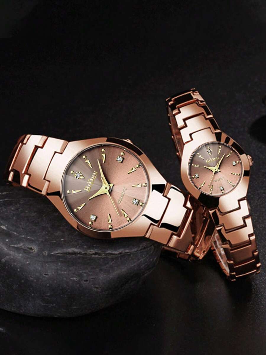 BIDEN 2pcs Pieces/Set Of Fashionable Couple Watches With Quartz Movement, Bar Scale, Circular Dial Suitable As Holiday Gift+Box - Coffee - View 1