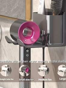 1pc Plastic Wall-Mounted Hair Dryer Holder - Bathroom Hair Dryer Storage Rack, No Drilling Required With Plug Hook - Multicolor - View 8