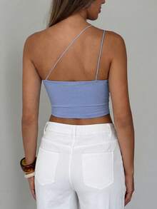 Off-Shoulder Cropped Knit Tank Top - Blue Asymmetric Design, Elegant Casual Sexy Vacation Style, Suitable For Summer Outings, Beach Trips, Casual Gatherings, Parties, And Simple Daily Wear - Blue - View 4