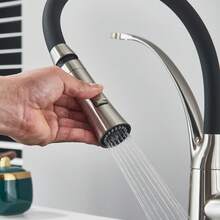 Ausziehbarer Küchenwasserhahn mit flexiblem Silikonsprüher, Einhebel-Auszieharmatur aus Messing mit Schwanenhals, moderne Hochbogenarmatur, Chrom mit schwarzem Gummi-Ausziehschlauch - Gebürstetes Nickel - Übersicht 5