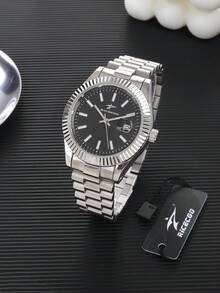 RICECGO 1pc Men's Quartz Watch Distinctive Textured Design For Standout Appeal Premium Stainless Steel Bracelet With Premium Feel Features Date Display Blends Business And Casual Styles With Personalized Infuses Outfits, Cool Energy - Silver - View 7