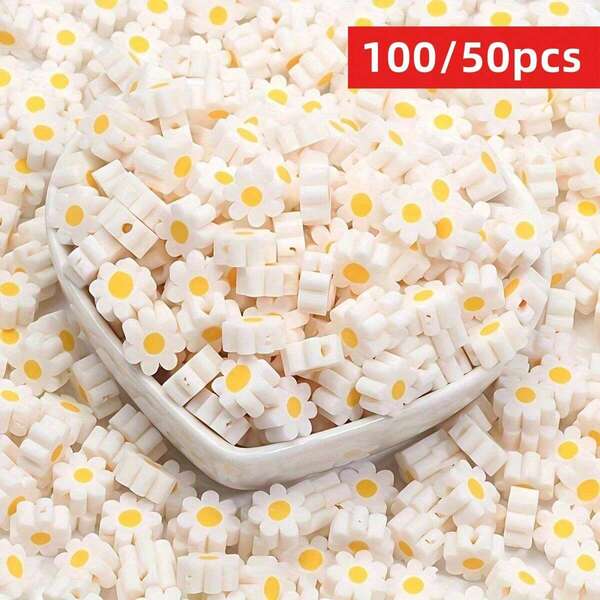 Yiwu Qiyou Accessories Co., LTD 100/50pcs 9mm Valentine's Day White Flower Patterns Beads For DIY Jewelry Making - Perfect Craft Supplies Ideal For Creating Unique ﻿