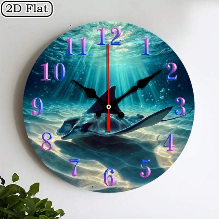 Ocean-Inspired Stingray Design 10inch Wooden Wall Clock, Easy-To-Read Numerals - Battery-Powered (AA Batteries Not Included), Living Room Round Decorative Kitchen And Home Office Wall Decor, Halloween Thanksgiving Decor Holiday Ambiance - 10*10英寸 - 查看 2