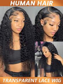 深波浪蕾丝前假发，真人发，180%密度，13x4透明预拔毛深卷假发，带婴儿发，女士真人发假发 - Natural Black - 查看 3