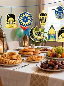 9件套蓝/黑开斋节装饰挂件，优雅的月亮、星星、城堡和灯笼图案，斋月纸质挂饰，主题派对装饰，开斋节派对用品，DIY装饰，适用于斋月、开斋节派对、开斋节晚宴装饰、DIY派对装饰 - 彩色 - 查看 6