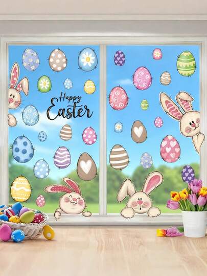 6pcs/Set Easter Static Cling Window Decals, Includes Rabbit, Colorful Egg Patterns, And "Happy Easter" Text Designs. Reusable, Easy To Apply And Remove Without Residue. Suitable For Easter Window Decorations At Home, Restaurants, Malls, Classrooms, And More.