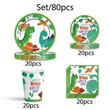 Bộ đồ ăn khủng long hoạt hình 80 món, đĩa tiệc 7/9 inch, khăn ăn, cốc, quà tặng tiệc sinh nhật, đồ trang trí, phù hợp làm đồ dùng tiệc sinh nhật, đĩa tráng miệng, cốc đựng đồ uống - Nhiều màu - Xem 9