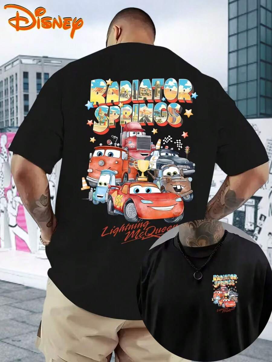 Disney Authorized Spring And Summer Men's Short-Sleeved Racing Story Red Lightning McQueen Rally Track Spring And Summer New Men's Fashion Short-Sleeved Breathable T-Shirt, Fashion Street T-Shirt Clothing, Spring Fashion Short-Sleeved Disney Shirts For Men And Women, Casual Clothes, Men's Casual Shirts, Suitable For Everyday Wear. - 黑色 - 查看 1