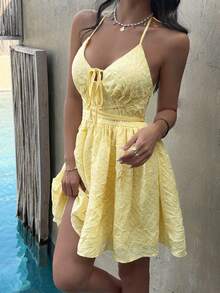 Unadoll Women's Low Cut Backless Lace Up, Neck And Waist Cinching Pleated Fabric Sexy Dress, Suitable For Dates, Vacations, Beaches, Valentine's Day Outfits - Yellow - View 1