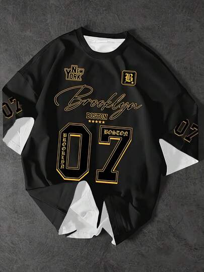 KOVSEE 男士休闲运动黑色圆领短袖T恤，07纽约布鲁克林图案印花，适合夏季户外休闲穿着