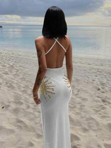 Women's New Style White V-Neck Sleeveless Sequin Crisscross Tie Backless Slim-Fit Dress, Sexy Elegant Fashionable Casual Beach Vacation Party Valentine's Day Outfit, Spring And Summer - Multicolor - View 3