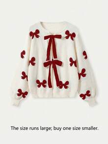 FOR BEAUTY 红色圆领蝴蝶结长袖针织开衫，宽松时尚，优雅别致，前系带设计，百搭实用，适合狂欢节、新年、情人节等场合。 - 深紅 - 查看 5