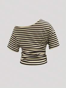 Buzzelle 女士休闲宽松条纹不对称肩短袖T恤，夏季 - 黃黑條紋 - 查看 5