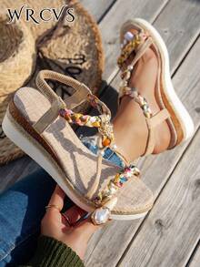 WRCVS 米色女士凉鞋，编织带凉鞋，夏季厚底厚底凉鞋，手工串珠编织，随机图案，轻便度假凉鞋，波西米亚风增高户外凉鞋 - 米色 - 查看 3
