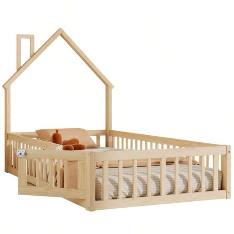 Hausbett, 90 X 200 Cm, Kinderbett Mit Schornsteinform, Bett Mit Lattenrost (Ohne Matratze), Kiefernholz, Minimalist Style, Nature - 自然的 - 查看 5