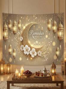 1 件开斋节背景布，金色新月和花卉图案，150*100 厘米涤纶材质，开斋节派对用品，斋月装饰，伊斯兰斋月派对装饰，开斋节装饰，斋月家居装饰，开斋节礼物 - 彩色 - 查看 6