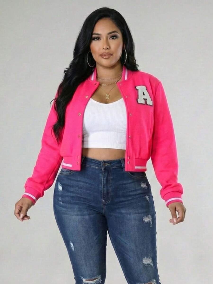 Plus Size Casual Varsity Jacket Long Sleeve Knitted Fabric Baseball Collar For Party - Màu Hồng Tươi - Xem 1
