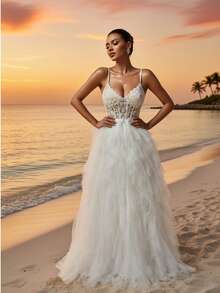 2026新款吊带深V领蕾丝薄纱婚纱，适合婚礼、派对、情人节活动、鸡尾酒会、宴会和其他场合。 - 白色 - 查看 11