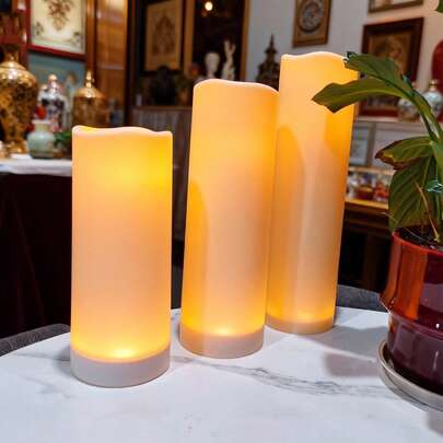 1pc Large LED Flameless Wax Candle Light [Batteries Not Included], Ribbed Pillar Electronic Candle With Remote Control And Timer, Suitable For Indoor Lanterns, Christmas And New Year Gifts, Ivory Color Decorative Candle Lamp