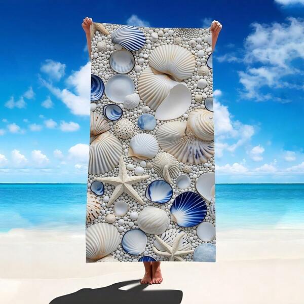 1 pieza Toalla de playa con susurro de concha marina de verano - Super absorbente, fibra ultra fina, ligera, suave, de secado rápido, con protección UV, cómoda, adecuada para acampar, actividades al aire libre, fiestas de cumpleaños, viajes a la playa en verano
