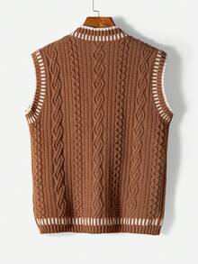 Men's Collegiate Style Cable Knit V-Neck Sleeveless Sweater Vest - Brown - View 2