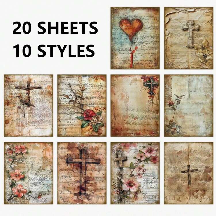 30pcs Vintage Bible Verse Scrapbook Paper, Unique Floral & Cross Patterns Art Collage Craft Paper For Christian Journaling, Planners, Card Making & Crafting, Scrapbooking Supplies,Back To School - Multicolor - View 18