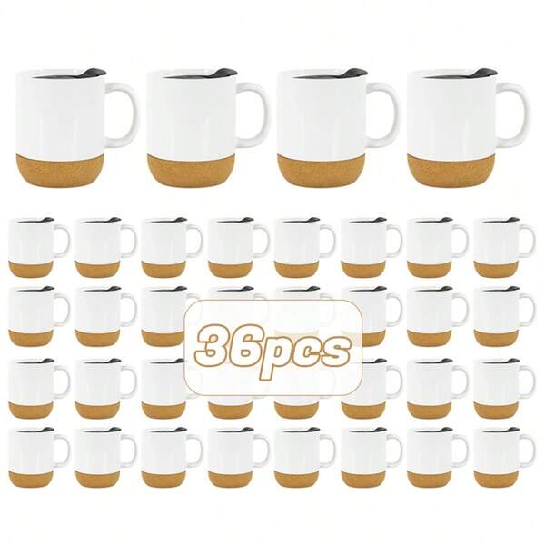 36 Pack 15oz Sublimation Ceramic Mug With Cork Bottom And Black Plastic Lid For Heat Press Printing