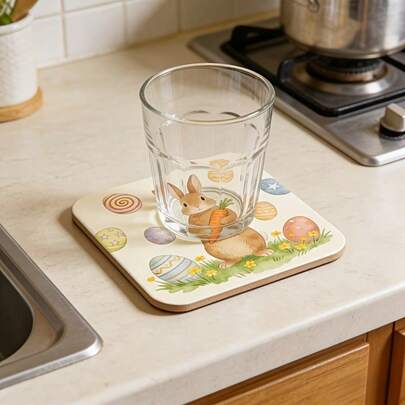 1pc Wooden Easter Bunny Holding Carrot Egg Cup Mat, Fresh Easter Decor, Soft Cute Rabbit Anti-Scald Cup Mat, Easter Holiday Cup Coaster