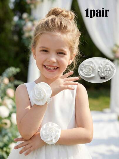 1 Pair Girls/Women's White High-End Satin Bow Hollow Sleeve Cuffs, Pink Bow Lace Floral Detachable Wrist Decorations, Versatile Accessory For Sweaters, Long Sleeves, Princess Style, Suitable For Performances, Weddings, Flower Girls