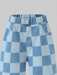 Tween GirlsCheckered Print Loose Straight Leg Jeans, Casual Pants, Spring/Summer - Blue - View 3