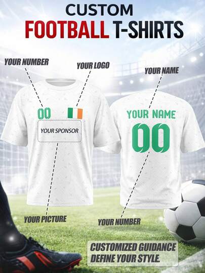 Camiseta de fútbol personalizable para hombres de talla grande - Personaliza con tu nombre, número, logotipo, equipo o patrocinador. Hecha de tela transpirable y de secado rápido. Adecuada para partidos de equipo, entrenamiento, deportes, uso casual, animación de aficionados, regalos de temporada. De moda para la temporada de fútbol de primavera/verano