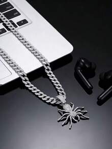 1件镶满水钻的动物吊坠项链，欧美风格男士链项链，个性化嘻哈配饰，百搭 - 銀色 - 查看 8