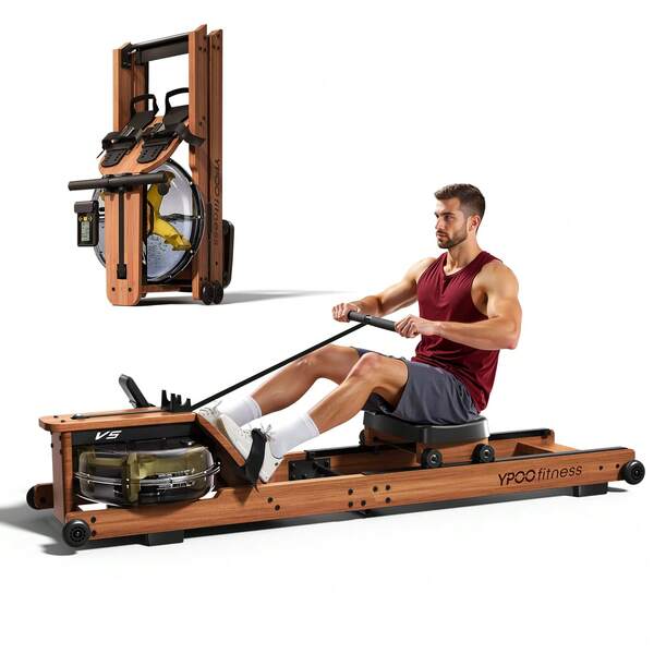 YPOO Wooden Water Rowing Machine For Home – Foldable Water Rowing Machine, 350 Lbs Weight Capacity, Smooth Water Resistance, Comfortable Seat, App Support