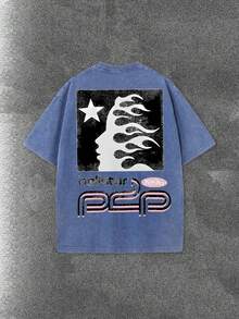 Worn-Out Washed Men's Short-Sleeved Shirt, Featuring A Pink Meteor Flame Human Face Silhouette Pattern In Letters On A Double-Sided Print, Retro Casual Loose Men's T-Shirt, Comfortable And Versatile Men's Clothing - 寶藍色 - 查看 3