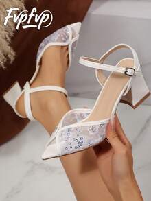 FVPFVP 2026新款夏季女士粗跟中跟尖头网纱镶钻凉鞋 - 白色 - 查看 1