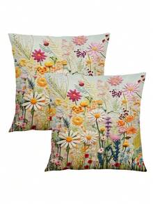 2件装波西米亚风活力花卉图案春季花卉波西米亚抱枕套，几何印花波西米亚靠垫套，复古亚麻质感，畅销款，隐形拉链，可机洗，家居装饰抱枕套，适用于沙发、客厅、卧室，不含枕芯 - 彩色 - 查看 2