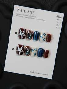 10片手工方形短指甲贴，波点海星图案棕色指甲贴，手绘花卉亚克力美甲贴纸，美甲饰品，可重复使用的不对称图案线条贴纸，闪亮金色铆钉 - 适合女性和女孩，派对、婚礼、日常佩戴、DIY美甲，包含工具包。手工美甲贴纸。假指甲。美甲用品 - 摩卡棕 - 查看 1