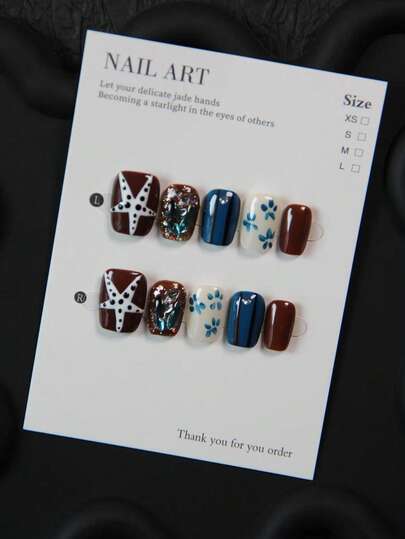 10片手工方形短指甲贴，波点海星图案棕色指甲贴，手绘花卉亚克力美甲贴纸，美甲饰品，可重复使用的不对称图案线条贴纸，闪亮金色铆钉 - 适合女性和女孩，派对、婚礼、日常佩戴、DIY美甲，包含工具包。手工美甲贴纸。假指甲。美甲用品