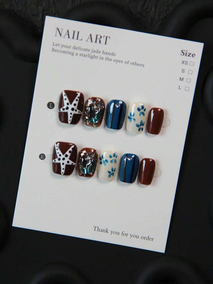 10片手工方形短指甲贴，波点海星图案棕色指甲贴，手绘花卉亚克力美甲贴纸，美甲饰品，可重复使用的不对称图案线条贴纸，闪亮金色铆钉 - 适合女性和女孩，派对、婚礼、日常佩戴、DIY美甲，包含工具包。手工美甲贴纸。假指甲。美甲用品 - 摩卡棕 - 查看 1