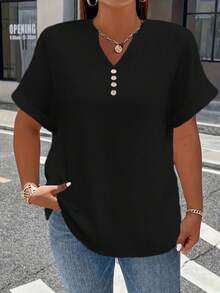 Plus Size Elegant V-Neck Short Sleeve Solid Color Casual Button-Up T-Shirt Top For Women Summer - Black- - View 1