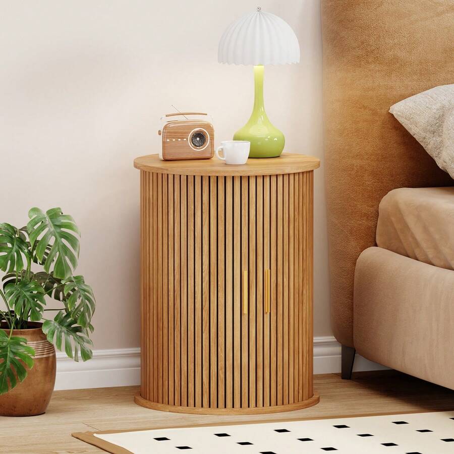 Round Fluted Nightstand, Mid Century Modern Tall Side Table With Storage, End Table With Sliding Tambour Doors, Adjustable Shelf, Small Wood Bedside Table For Bedroom,Living Room,Office - Mustard Yellow - View 1