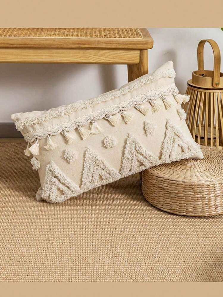 1pc/2pcs Set Beige Triangle Pattern Throw Pillow Cover, Bohemian Tufted Embroidered With Tassel Decor, Suitable For Living Room, Bedroom, Sofa, Couch, Daily, Garden, Car, All Seasons, Without Insert, 30*50cm, 45*45cm - Mountain Peak Tassels - Beige - View 9