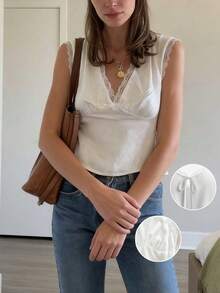 Women's New Spring/Summer White Satin Lace Patchwork V-Neck Camisole Top - White - View 1