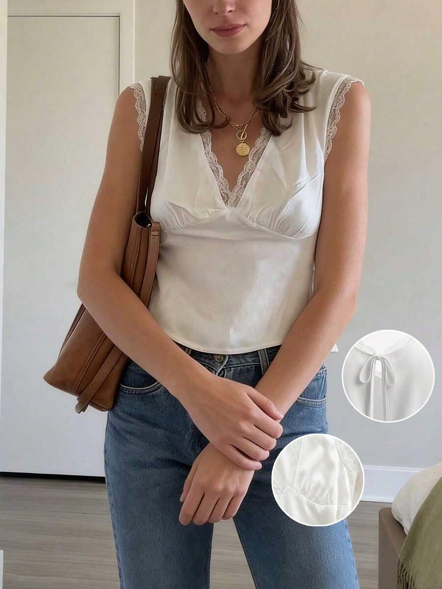 Women's New Spring/Summer White Satin Lace Patchwork V-Neck Camisole Top - White - View 1