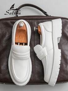 Abfuber New Designer Men's Slip-On Loafers, Soft Leather Upper, Thick Sole, Vintage British Style, Elevator Shoes. Affordable Luxury For Modern Living. Suitable For Back To School, College Students, Graduation Ceremony, Soft & Comfortable Round Toe Formal Dress Shoes, Gentlemen Business Office Commute, Daily Casual Wear, Couple Dating, Party, Wedding, Groomsmen. Recommend Ordering One Size Up Due To Smaller Sizing. Suitable For Spring, Summer, Autumn. - White - View 8