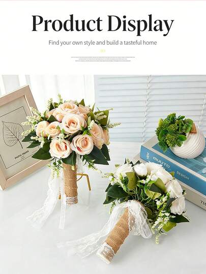 1pc Elegant Artificial Rose Bouquet, Suitable For Wedding Bride Bouquet Or Bridesmaid. Decorated With Artificial Roses, Green Leaves And Lace Ribbons, Perfect For Weddings, Engagements, Parties, As Well As Anniversary Or Valentine's Day Gifts.